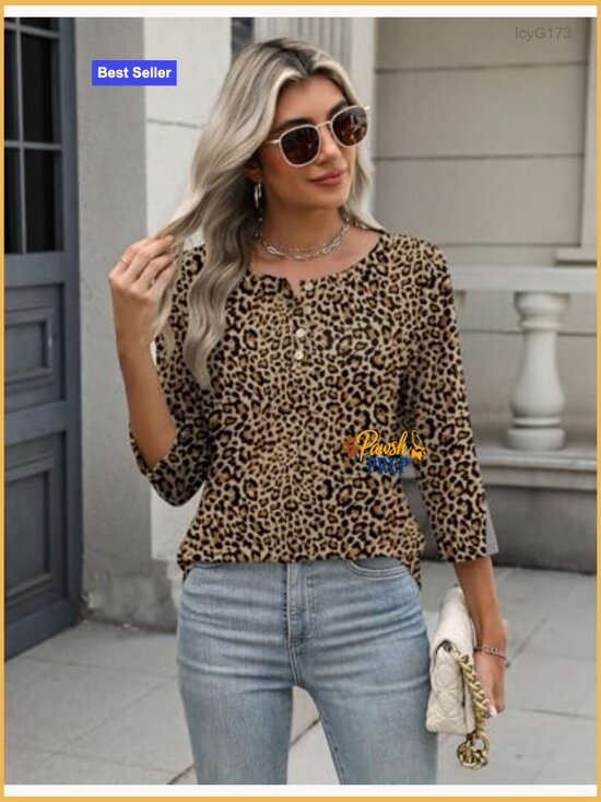 3/4 Sleeve Tunic Top, Crew Neck, Loose Fit, Polyester Spandex Blend - Picture 3 of 7